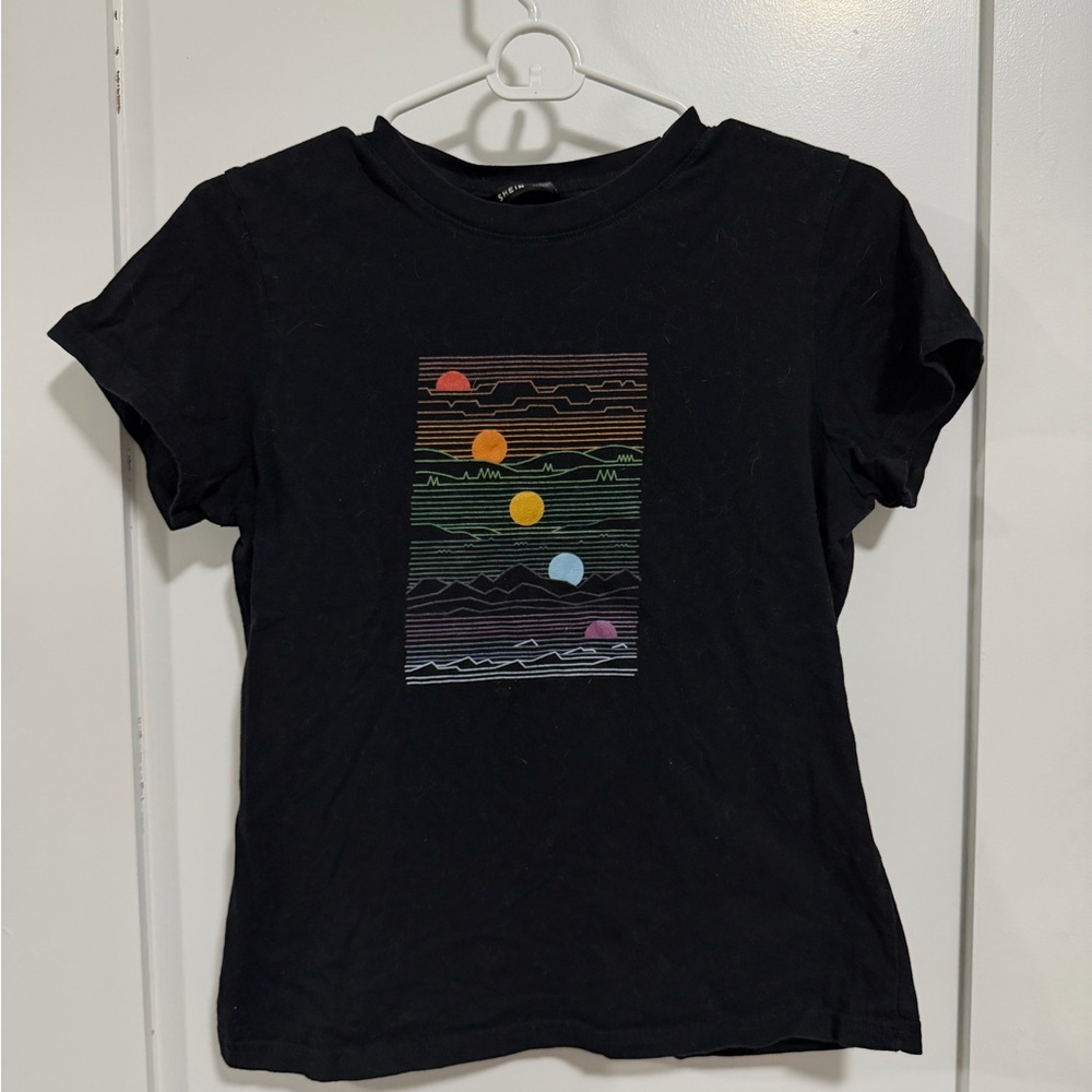 Black Graphic Tee with Rainbow Waves Motif